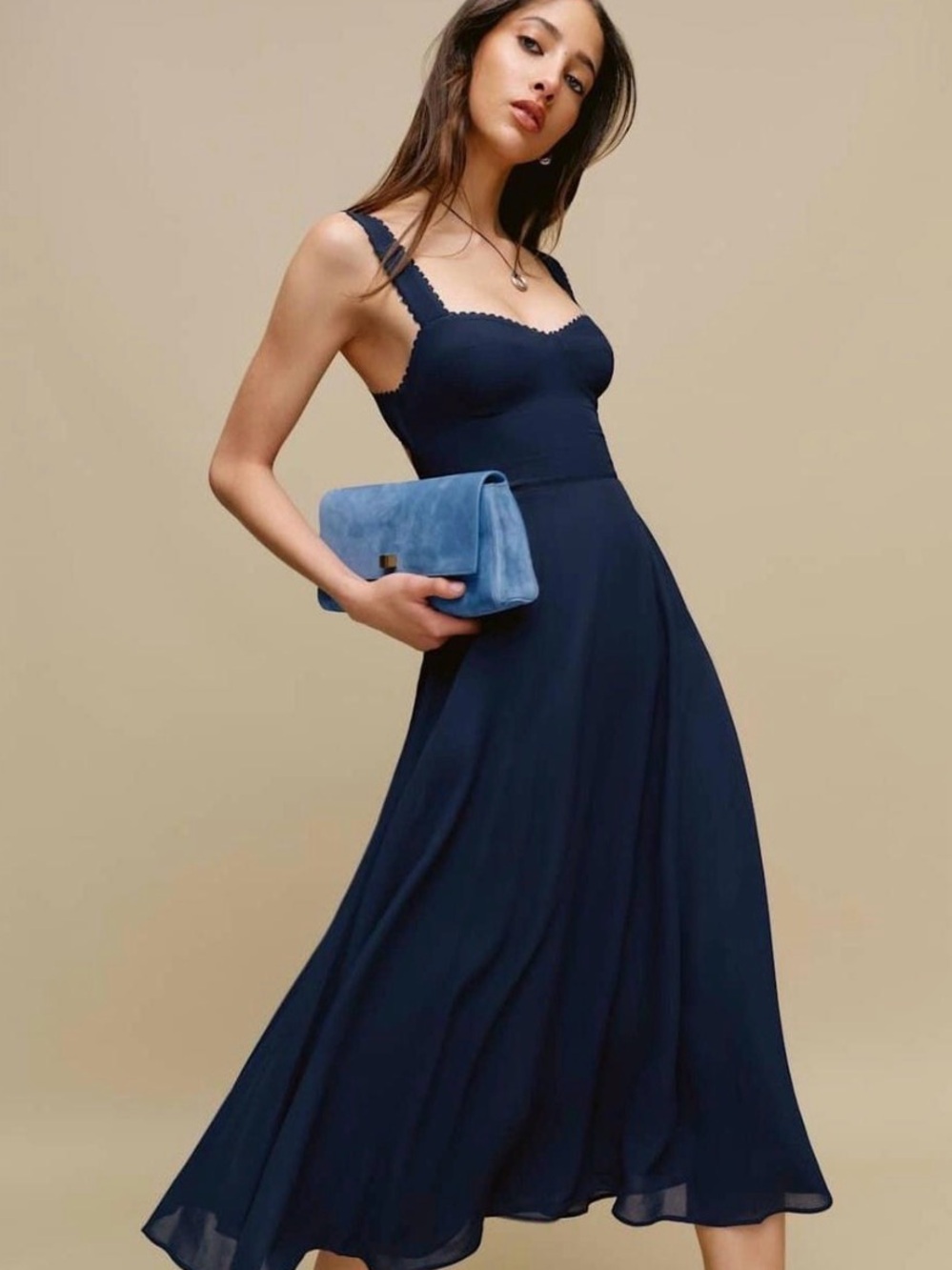 Reformation Lela Dress - Navy Scallop-Edge Midi Dress. NWT
